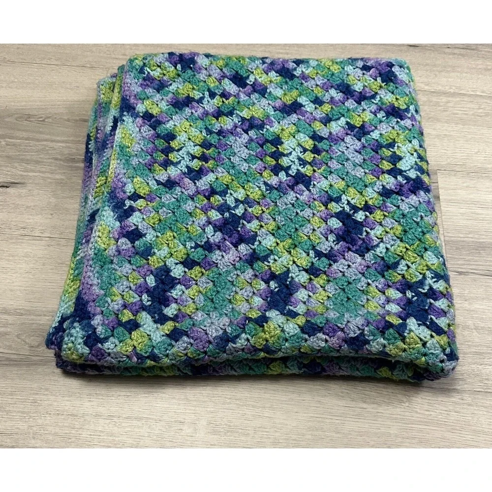 Handmade Crochet Throw Blanket Knit Lap Pastel Blue Purple Green Zig Zag 68 x 31